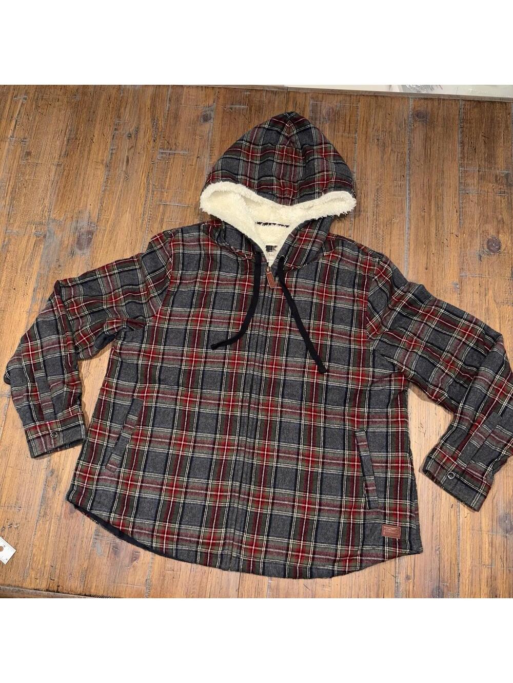 LL Bean Womens Large Petite Plaid Sherpa Lined Flannel Hoodie Jacket Gray Red